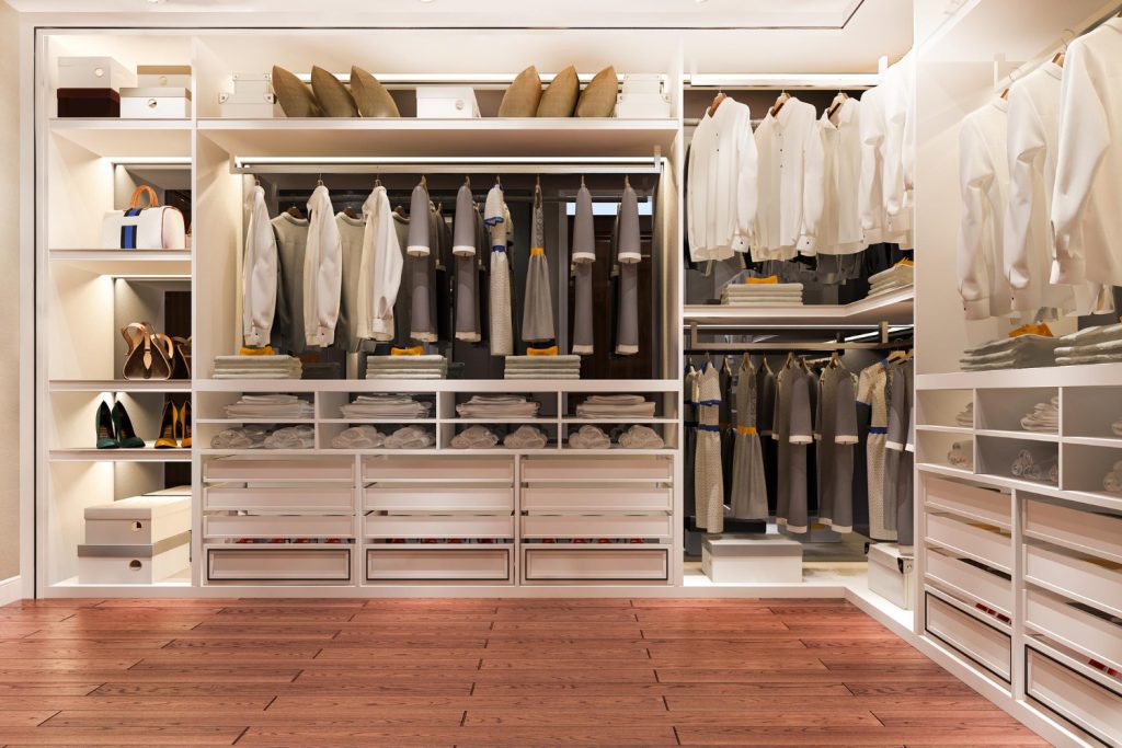 3d rendering luxury scandinavian wood walk closet with wardrobe make up table